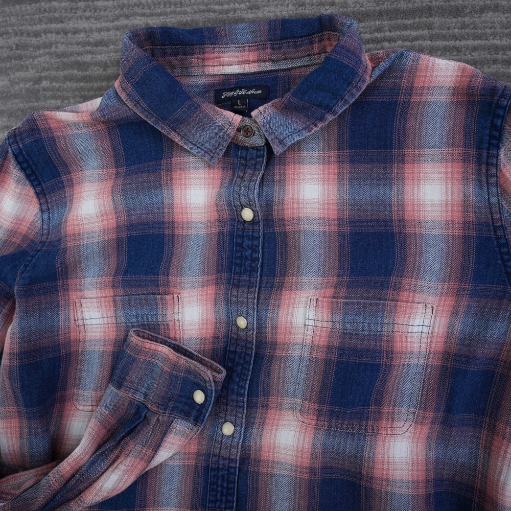 Flag & Anthem Shirt Men Plaid Blue Pink Pearl Snap Long Sleeve Pockets Large